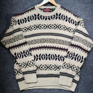 Stone Haven Sweater Mens XL Beige Hemp Geometric Fair Isle Knit Pullover Vintage